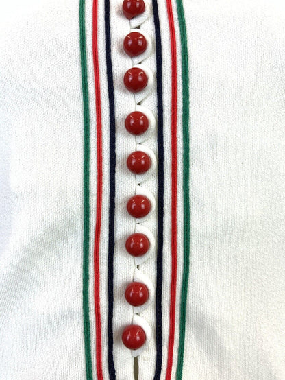 VINTAGE 60s 70s WHITE RED GREEN BUTTON BIB FRONT MOD SCOOTER SHIFT DRESS 6 8