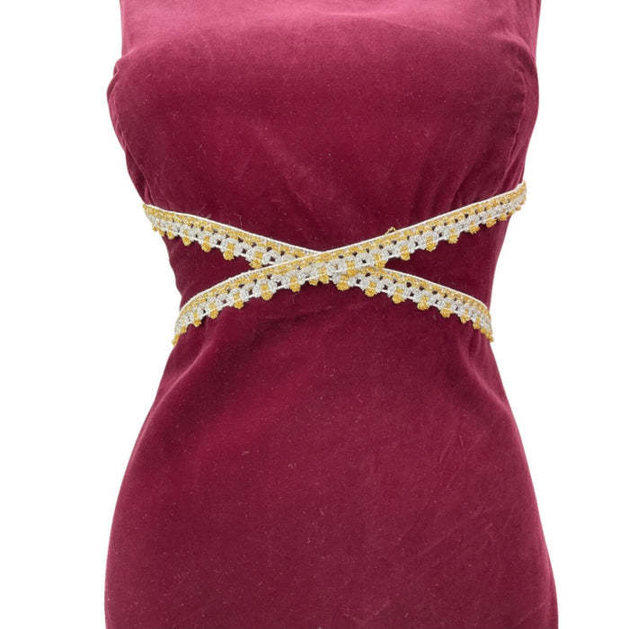 VINTAGE 60s 70s WINE RED SILVER GOLD VELVET SLEEVELESS PARTY GLAM DRESS 10