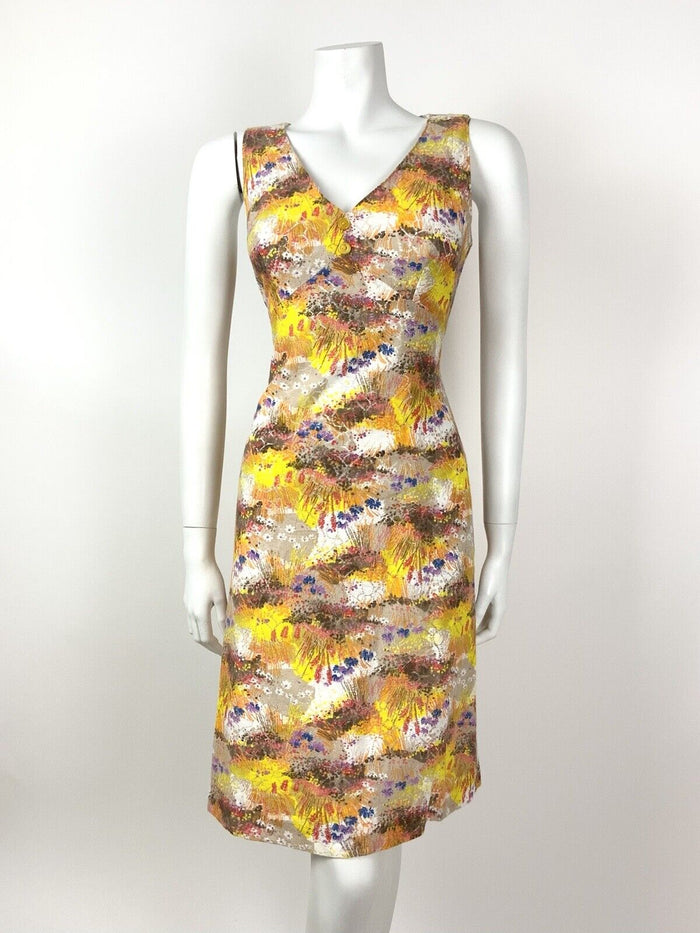 VINTAGE 60s 70s YELLOW BROWN ORANGE BLUE FLORAL PSYCHEDELIC LACE DRESS 10