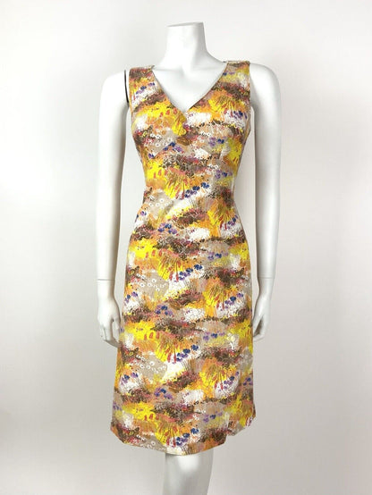 VINTAGE 60s 70s YELLOW BROWN ORANGE BLUE FLORAL PSYCHEDELIC LACE DRESS 10