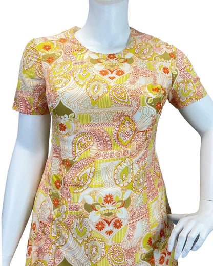 VINTAGE 60s 70s YELLOW RED WHITE PSYCHEDELIC PAISLEY FLORAL MOD DRESS 16 18