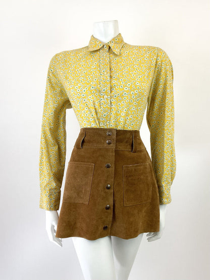 VINTAGE 60s 70s YELLOW WHITE GREEN FLORAL DITSY MOD DAGGER SHIRT BLOUSE 16 18