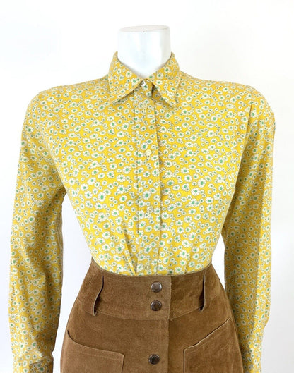 VINTAGE 60s 70s YELLOW WHITE GREEN FLORAL DITSY MOD DAGGER SHIRT BLOUSE 16 18
