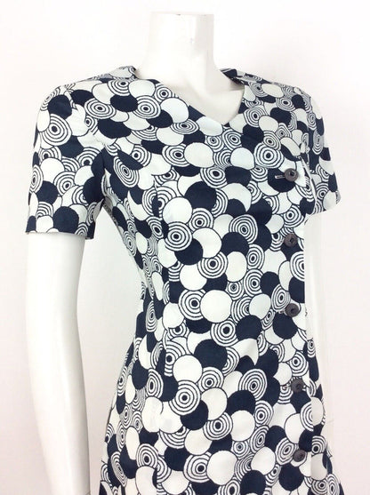VINTAGE 60s GEOMETRIC OP ART CIRCLE BLUE WHITE DRESS 10