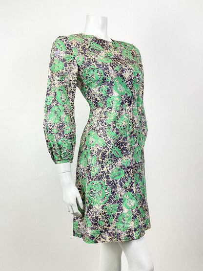 VINTAGE 60s STYLE 90s GREEN PURPLE CREAM PSYCHEDELIC FLORAL ROSE MOD DRESS 8 10
