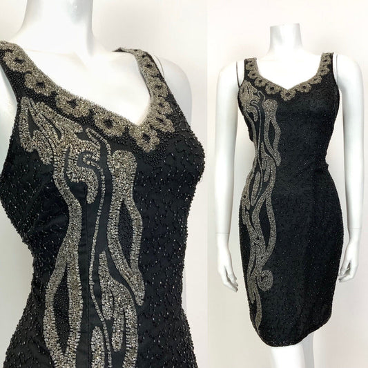 VINTAGE 70s 80s BLACK GREY SILVER BEADED SEQUIN STUDIO 54 GLAM PARTY DRESS 12