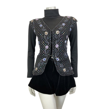 VINTAGE 70s 80s BLACK PURPLE FLORAL SEQUIN BEADED DISCO GLAM WAISTCOAT TOP 12 14