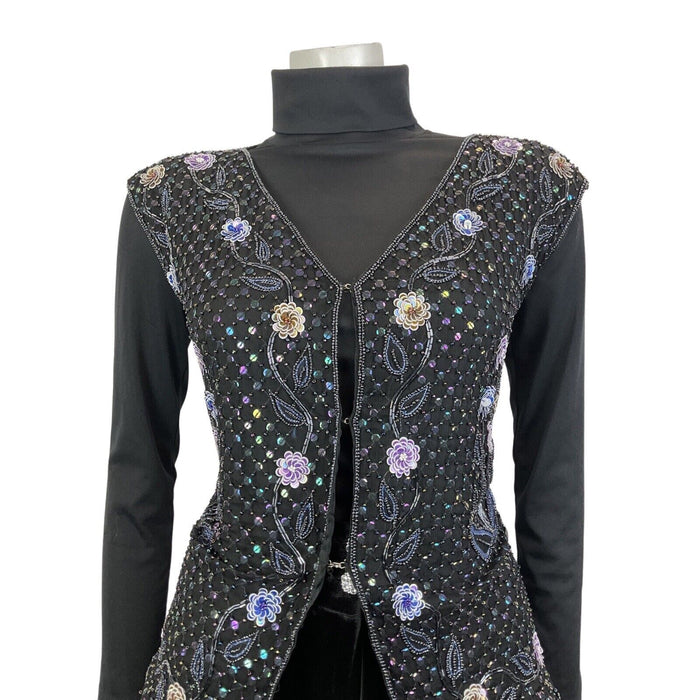 VINTAGE 70s 80s BLACK PURPLE FLORAL SEQUIN BEADED DISCO GLAM WAISTCOAT TOP 12 14