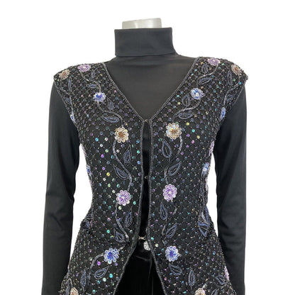 VINTAGE 70s 80s BLACK PURPLE FLORAL SEQUIN BEADED DISCO GLAM WAISTCOAT TOP 12 14