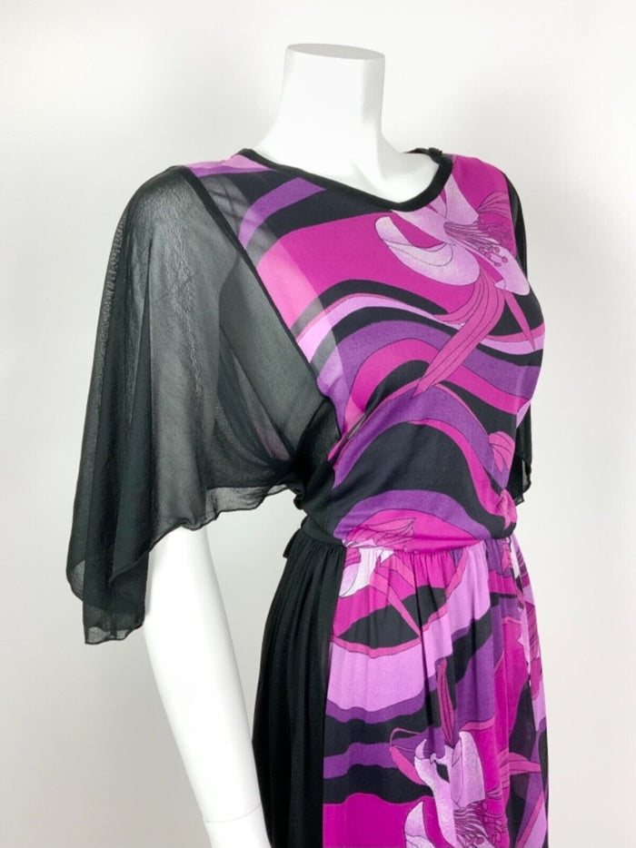 VINTAGE 70s 80s BLACK PURPLE PINK PSYCHEDELIC SWIRL LILY SHEER MIDI DRESS 10 12