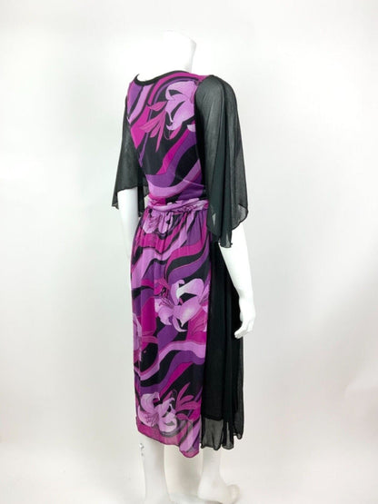 VINTAGE 70s 80s BLACK PURPLE PINK PSYCHEDELIC SWIRL LILY SHEER MIDI DRESS 10 12