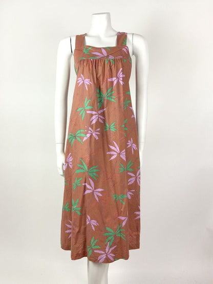 VINTAGE 70s 80s BROWN GREEN PINK PALM TREE LEAFY SLEEVELESS TENT DRESS 8