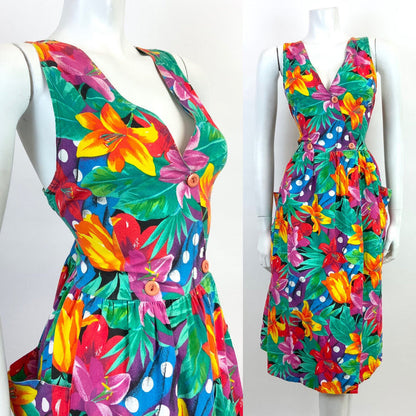 VINTAGE 70s 80s GREEN PURPLE YELLOW FLORAL LILY JUNGLE WRAP DRESS 12