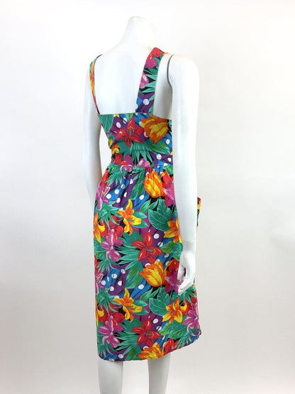 VINTAGE 70s 80s GREEN PURPLE YELLOW FLORAL LILY JUNGLE WRAP DRESS 12