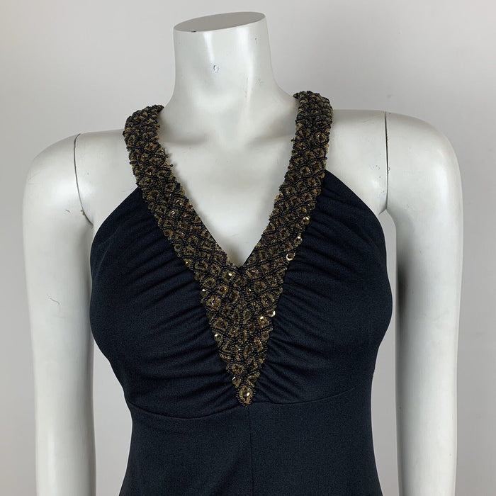 VINTAGE 70S BLACK GOLD BEADED HALTER NECK DRESS 6 8