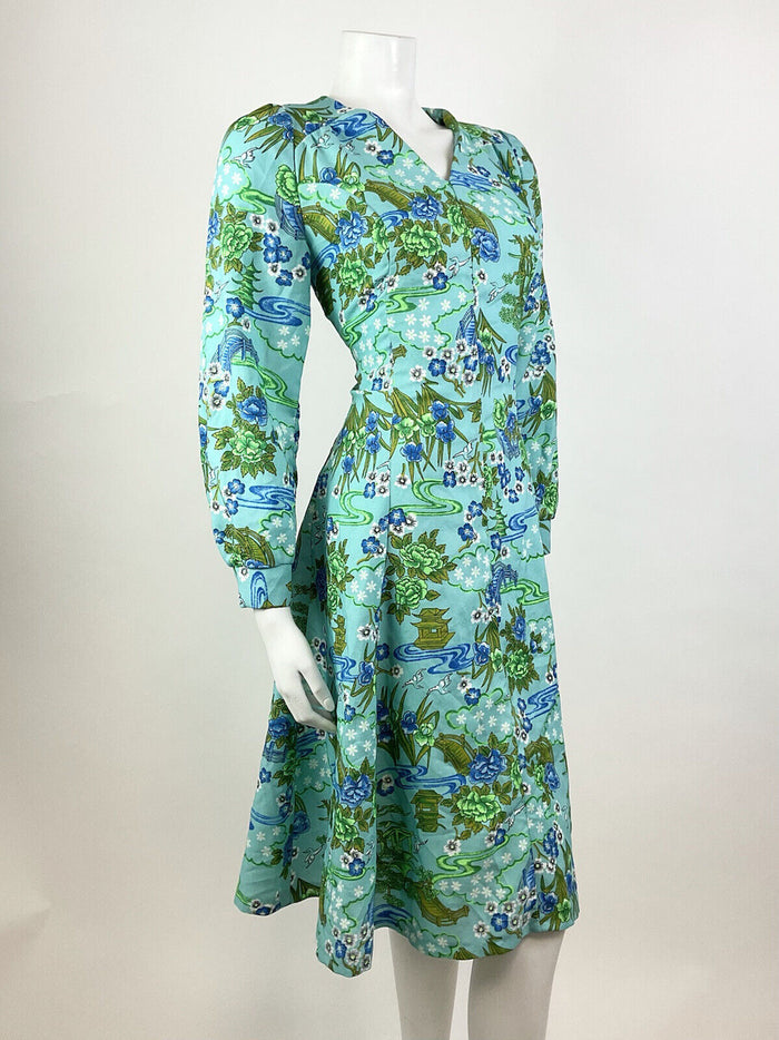 VINTAGE 70s BLUE GREEN GREY FLORAL BIRD PAGODA ORIENTAL SWING DRESS 10 12