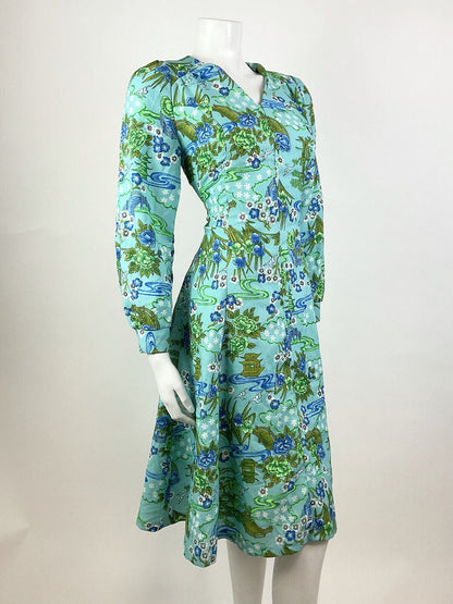 VINTAGE 70s BLUE GREEN GREY FLORAL BIRD PAGODA ORIENTAL SWING DRESS 10 12