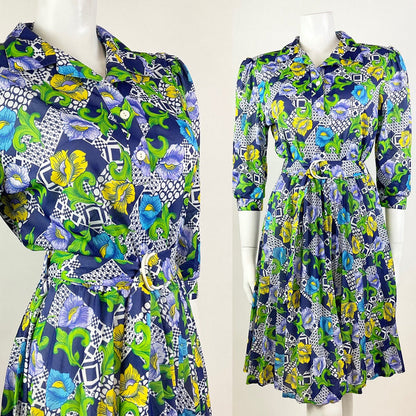 VINTAGE 70s BLUE GREEN YELLOW WHITE PSYCHEDELIC FLORAL BLOUSON SWING DRESS 10 12