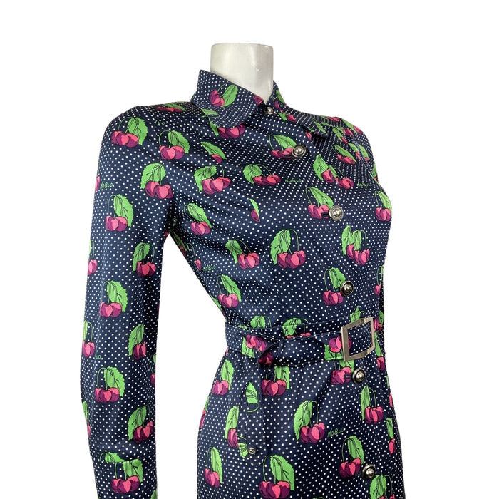 VINTAGE 70s STYLE 90s BLUE WHITE PINK POLKA-DOT CHERRY DAGGER SHIRT DRESS 8 10
