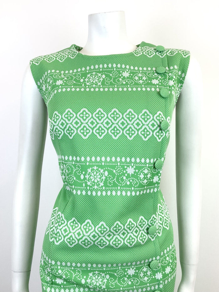 VTG 60s 70s APPLE GREEN WHITE STRIPED GEOMETRIC FLORAL SLEEVELESS DRESS 14 16