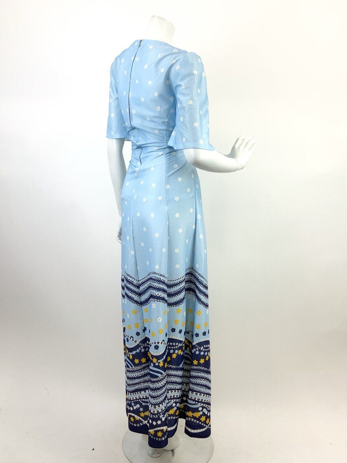VTG 60s 70s BABY BLUE NAVY WHITE YELLOW WAVY DAISY FLORAL MOD MAXI DRESS 12 14