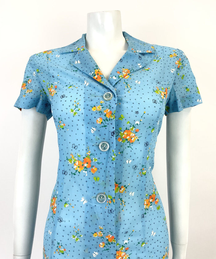 VTG 60s 70s BABY BLUE WHITE ORANGE FLORAL BUTTERFLY MOD SHEER SHIRT DRESS 10 12