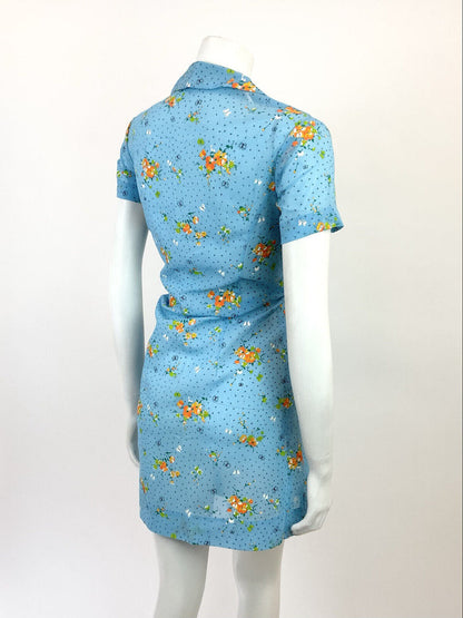 VTG 60s 70s BABY BLUE WHITE ORANGE FLORAL BUTTERFLY MOD SHEER SHIRT DRESS 10 12