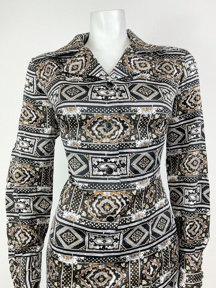 VTG 60s 70s BLACK BROWN WHITE PSYCHEDELIC TILED BAROQUE ORNATE SHIRT DRESS 14