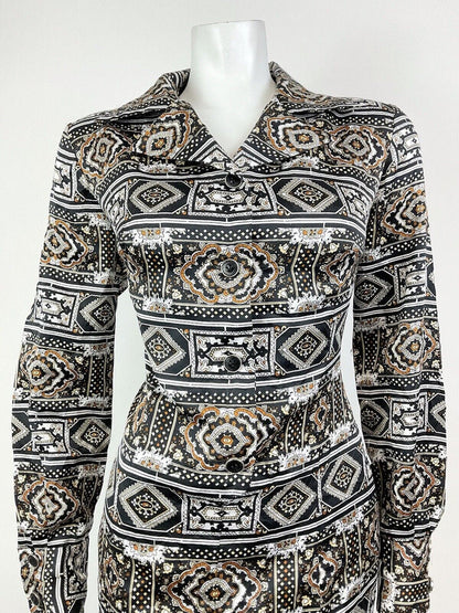 VTG 60s 70s BLACK BROWN WHITE PSYCHEDELIC TILED BAROQUE ORNATE SHIRT DRESS 14
