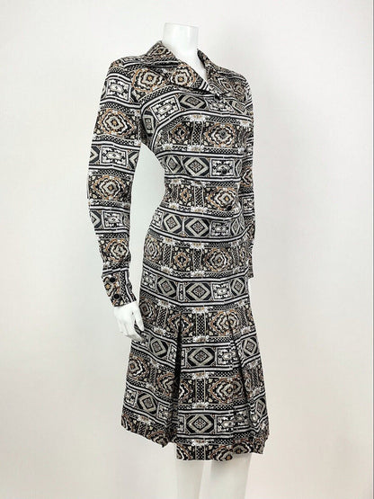VTG 60s 70s BLACK BROWN WHITE PSYCHEDELIC TILED BAROQUE ORNATE SHIRT DRESS 14