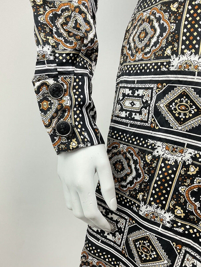VTG 60s 70s BLACK BROWN WHITE PSYCHEDELIC TILED BAROQUE ORNATE SHIRT DRESS 14