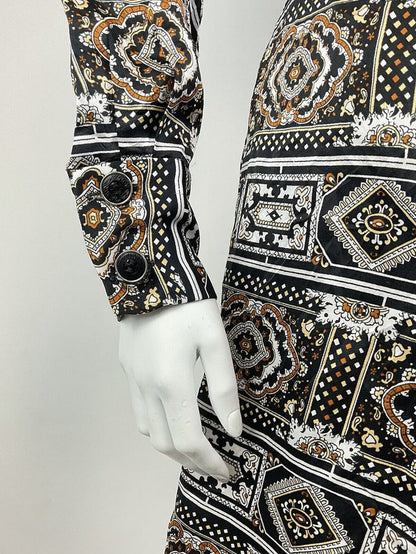 VTG 60s 70s BLACK BROWN WHITE PSYCHEDELIC TILED BAROQUE ORNATE SHIRT DRESS 14