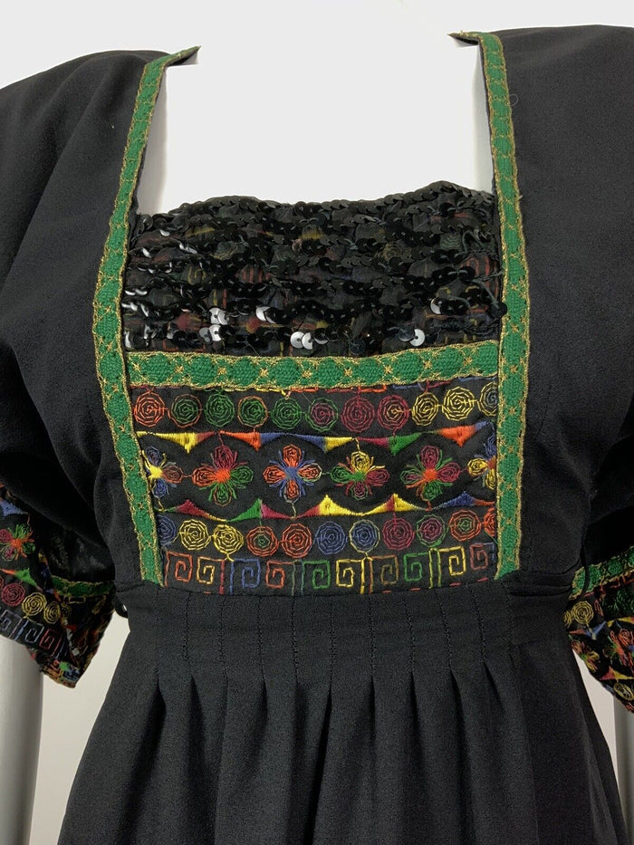 VTG 60s 70s BLACK GREEN ORANGE BLUE EMBROIDERED SEQUIN ETHNIC FOLK BOHO DRESS 8