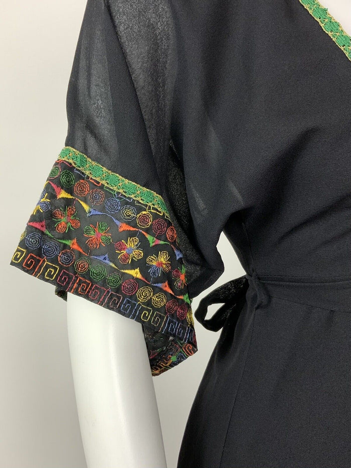 VTG 60s 70s BLACK GREEN ORANGE BLUE EMBROIDERED SEQUIN ETHNIC FOLK BOHO DRESS 8