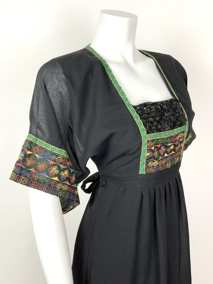 VTG 60s 70s BLACK GREEN ORANGE BLUE EMBROIDERED SEQUIN ETHNIC FOLK BOHO DRESS 8