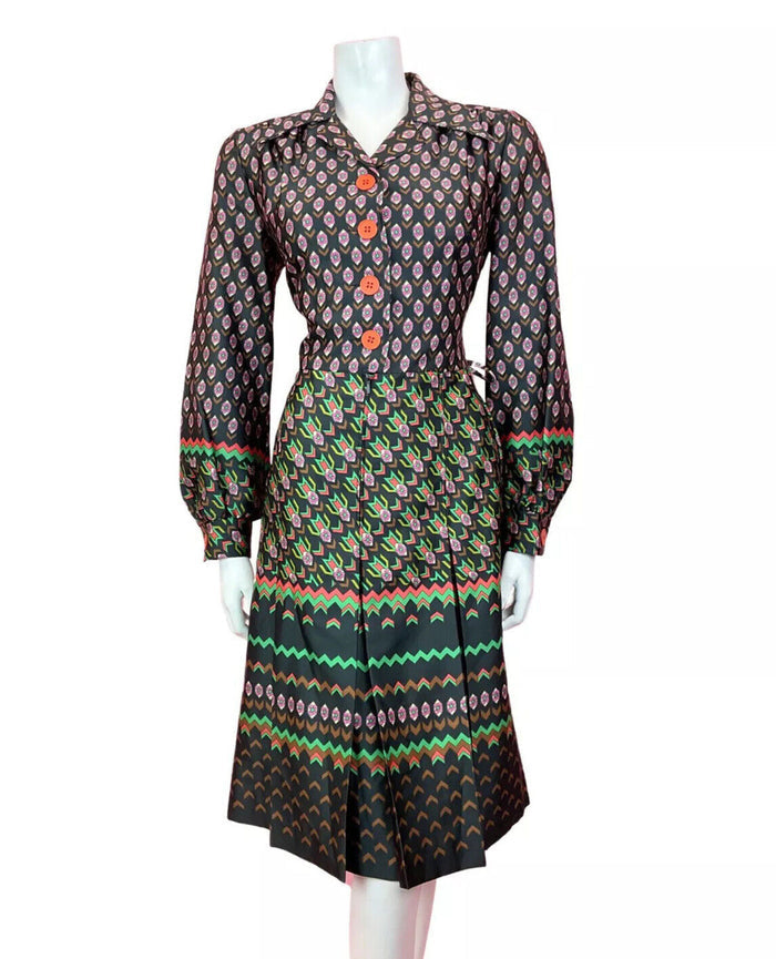 VTG 60s 70s BLACK GREEN PINK PSYCHEDELIC GEOMETRIC DAISY DAGGER SHIRT DRESS 14
