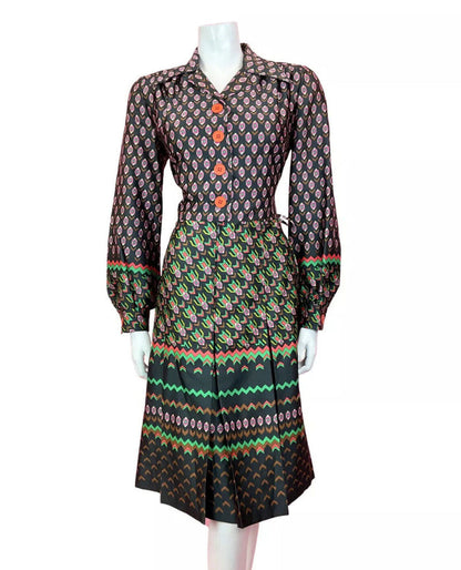 VTG 60s 70s BLACK GREEN PINK PSYCHEDELIC GEOMETRIC DAISY DAGGER SHIRT DRESS 14