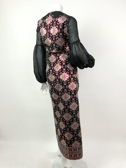 VTG 60s 70s BLACK METALLIC PINK GOLD AZTEC GEOMETRIC SHEER MAXI DRESS 10