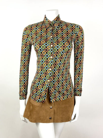 VTG 60s 70s BLACK ORANGE BLUE GREEN GEOMETRIC TRELLIS DAGGER SHIRT BLOUSE 4 6