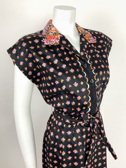 VTG 60s 70s BLACK ORANGE PINK OLIVE FLORAL SCALLOPED SHIRT WAIST DRESS 12 14