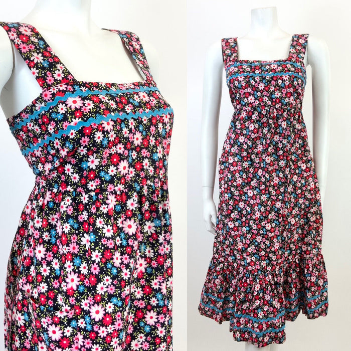 VTG 60s 70s BLACK PINK BLUE RED FLORAL DAISY RIC RAC MOD TENT EMPIRE DRESS 8 10