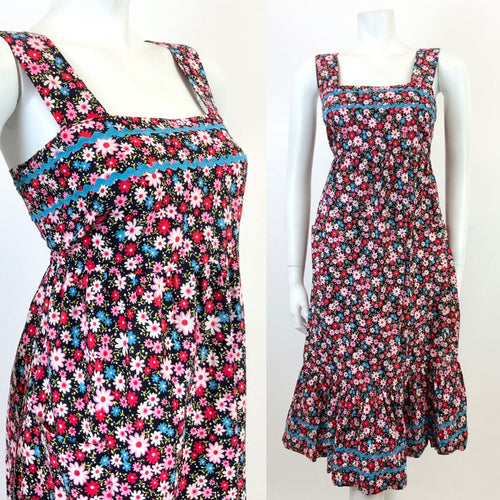 VTG 60s 70s BLACK PINK BLUE RED FLORAL DAISY RIC RAC MOD TENT EMPIRE DRESS 8 10