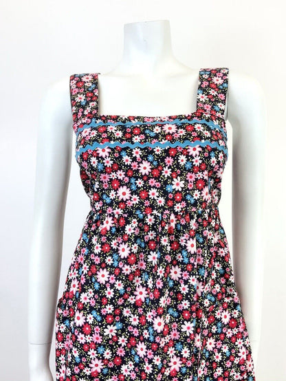 VTG 60s 70s BLACK PINK BLUE RED FLORAL DAISY RIC RAC MOD TENT EMPIRE DRESS 8 10