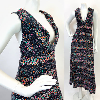VTG 60s 70s BLACK PINK GREEN WHITE FLORAL DAISY CORDUROY PLUNGE MAXI DRESS 10 12