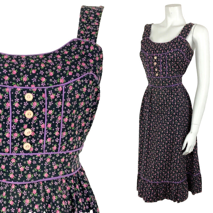 VTG 60s 70s BLACK PINK PURPLE WHITE GREEN FLORAL DITSY FOLK PRAIRIE DRESS 8 10