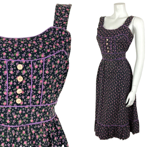 VTG 60s 70s BLACK PINK PURPLE WHITE GREEN FLORAL DITSY FOLK PRAIRIE DRESS 8 10