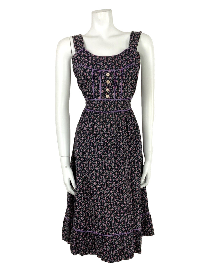 VTG 60s 70s BLACK PINK PURPLE WHITE GREEN FLORAL DITSY FOLK PRAIRIE DRESS 8 10
