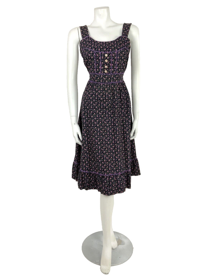 VTG 60s 70s BLACK PINK PURPLE WHITE GREEN FLORAL DITSY FOLK PRAIRIE DRESS 8 10