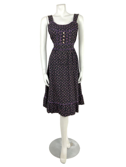 VTG 60s 70s BLACK PINK PURPLE WHITE GREEN FLORAL DITSY FOLK PRAIRIE DRESS 8 10