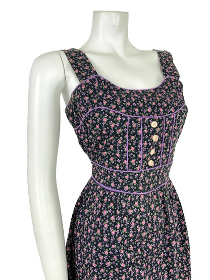 VTG 60s 70s BLACK PINK PURPLE WHITE GREEN FLORAL DITSY FOLK PRAIRIE DRESS 8 10